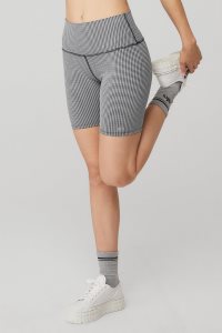 Alo Yoga 7 High-Taille Micro Houndstooth Biker Kurze Hose Weiß Schwarz | IUDXJBM-58