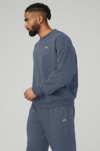 Alo Yoga Accolade Crew Neck Hoodie Navy Blau | UHOIEAT-52