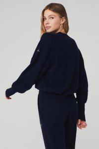 Alo Yoga Cashmere Jet Set Crew Long Sleeve Navy | XYAZQPG-93