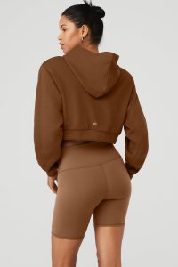 Alo Yoga Cropped Headliner Shoulder Pad Hoodie Braun | MVQZDWI-71