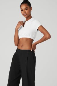 Alo Yoga Cropped Prestige Polo Short Sleeve Weiß | JGZBNEM-08