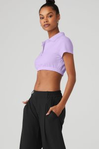 Alo Yoga Cropped Prestige Polo Short Sleeve Lila | PQGUESK-64
