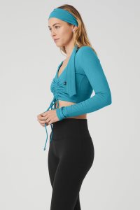 Alo Yoga Gerippt Cinch Cropped Long Sleeve Blau | ZFBYPDH-90