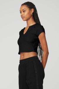 Alo Yoga Gerippt Cropped Savvy Short Sleeve Schwarz | FBXZGJC-63