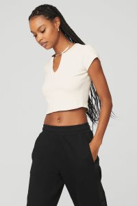 Alo Yoga Gerippt Cropped Savvy Short Sleeve Weiß | PRUJNKG-13