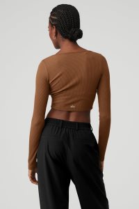 Alo Yoga Gerippt Cropped Whisper Long Sleeve Braun | CFUNGRQ-68