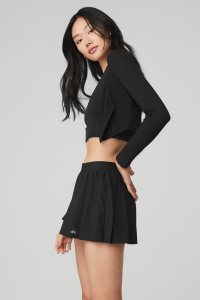 Alo Yoga Gerippt Cropped Whisper Long Sleeve Schwarz | FSTLMXC-04