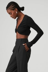 Alo Yoga Gerippt Knotty Long Sleeve Schwarz | JTUSNGD-28