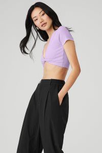 Alo Yoga Gerippt Knotty Short Sleeve Lila | GCAXIWE-84