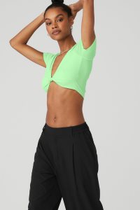 Alo Yoga Gerippt Knotty Short Sleeve Mintfarben Grün | YUKVIWR-64