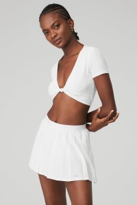 Alo Yoga Gerippt Knotty Short Sleeve Weiß | KCMVPDN-13