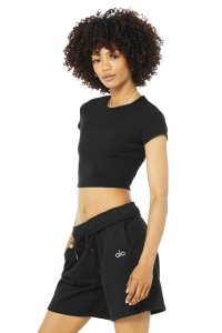 Alo Yoga Gerippt Short Sleeve Schwarz | RQANHEL-52