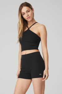 Alo Yoga Goddess Gerippt Cross Crop Muskelshirt Schwarz | IDJMCBL-02
