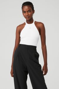 Alo Yoga Goddess Rib Prime Time Halter Bodys Weiß | JWFDRVG-65