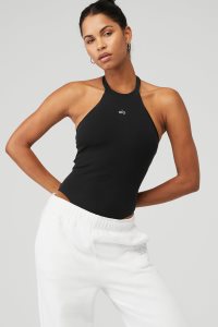 Alo Yoga Goddess Rib Prime Time Halter Bodys Schwarz | WXGSAEK-41