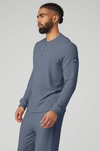 Alo Yoga Micro Waffle Fast Break Henley Long Sleeve Navy Blau | RWJFUQO-91
