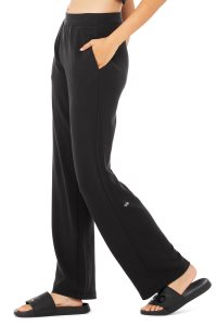 Alo Yoga Micro Waffle High-Taille Pleasant Weite Leg Pant Sporthosen Schwarz | QBDFLOJ-53