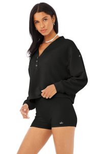 Alo Yoga Micro Waffle Pleasant Cropped Henley Long Sleeve Schwarz | CVFUESD-13
