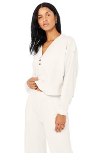 Alo Yoga Micro Waffle Pleasant Cropped Henley Long Sleeve Weiß | SLDNZJC-82
