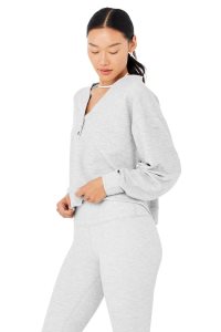 Alo Yoga Micro Waffle Pleasant Cropped Henley Long Sleeve Grau | ZGDVRJH-34
