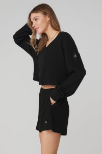 Alo Yoga Muse V-Neck Long Sleeve Schwarz | JIFVOTP-93