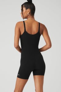 Alo Yoga Seamless Gerippt Mellow Onesie Bodys Schwarz | FYQDNLG-64