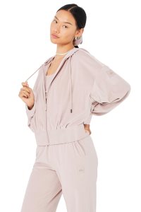 Alo Yoga Velour Glimmer Full Zip Hoodie Rosa | JHSOXDQ-14