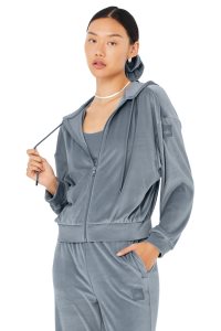 Alo Yoga Velour Glimmer Full Zip Hoodie Grau Blau | OGSVXBA-73