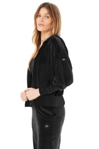 Alo Yoga Velour Glimmer Full Zip Hoodie Schwarz | OJMNQZI-90