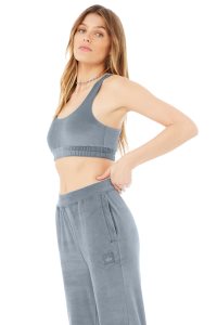 Alo Yoga Velour Glimmer Scoop Neck BHs Grau Blau | NDVAPOY-35